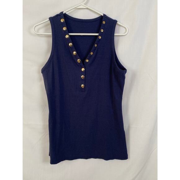 Woman’s 2XL navy tank shirt w gold snaps - a cotton spandex blend - Picture 3 of 9